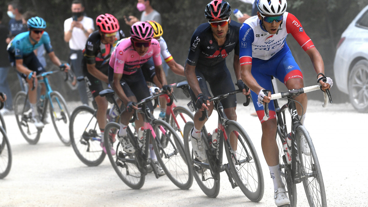 MONTALCINO, ITALY - MAY 19: Attila Valter of Hungary and Team Groupama - FDJ, Gianni Moscon of Italy & Egan Arley Bernal Gomez of Colombia and Team INEOS Grenadiers Pink Leader Jersey during the 104th Giro dItalia 2021, Stage 12 a 162km stage from Perugia to Montalcino 554m / Gravel Strokes / @girodiitalia / #UCIworldtour / #Giro / on May 19, 2021 in Montalcino, Italy. (Photo by Tim de Waele/Getty Images)