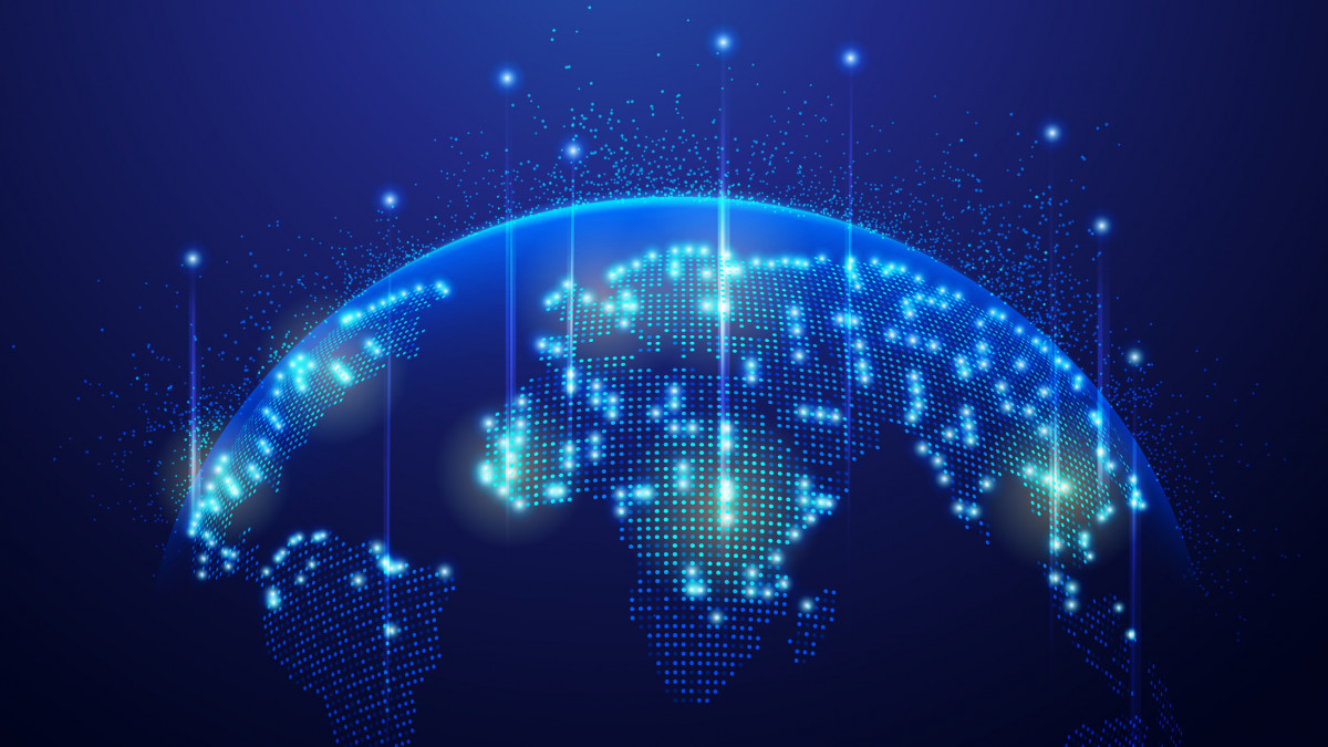 concept of communication technology or global network, graphic of dotted world map with futuristic element