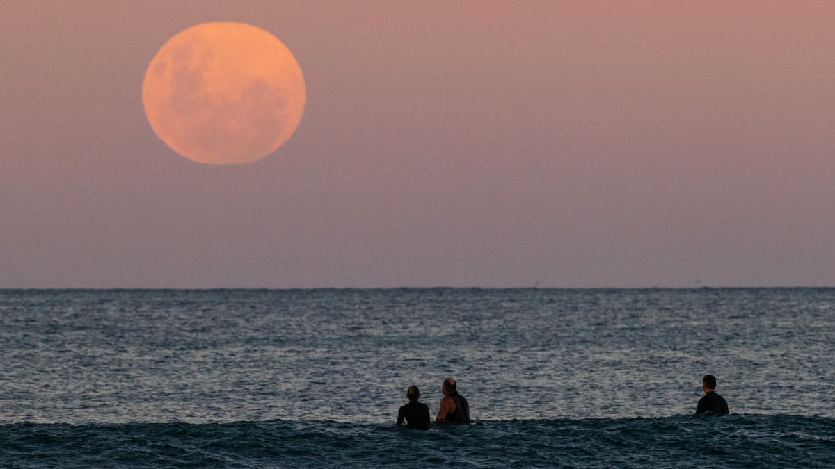 SYDNEY, AUSTRALIA - MAY 26: Surfers wait for a wave as a super blood moon rises above the horizon at Manly Beach on May 26, 2021 in Sydney, Australia. It is the first total lunar eclipse in more than two years, which coincides with a supermoon.  A super moon is a name given to a full (or new) moon that occurs when the moon is in perigee - or closest to the earth - and it is the moons proximity to earth that results in its brighter and bigger appearance. (Photo by Cameron Spencer/Getty Images)