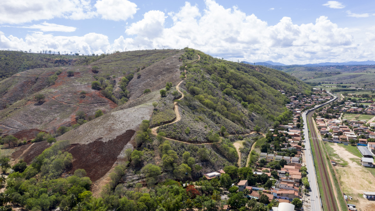 AIMORES, BRAZIL - NOVEMBER 22: Aerial view of  a former well-preserved hill, now deforested by deforestation in the village AimorĂŠs, near the Instituto Terra (about 500 meters away) on November 22, 2019 in AimorĂŠs, Brazil. Instituto Terra, founded in 1998 by the photographer Sebastiao Salgado and his wife, Lelia Deluiz Wanick Salgado, is an environmental NGO, located at Aimores, in the state of Minas Gerais, Brazil. The old Salgados family cattle ranch was acquired by the couple and, in the last 20 years, over 2.5 million native Atlantic seedlings have been planted. The institute has defined its objectives as restoration of the ecosystem, production of Atlantic seedlings, environmental outreach programs, environmental education and applied scientific research. (Photo by Christian Ender/Getty Images)