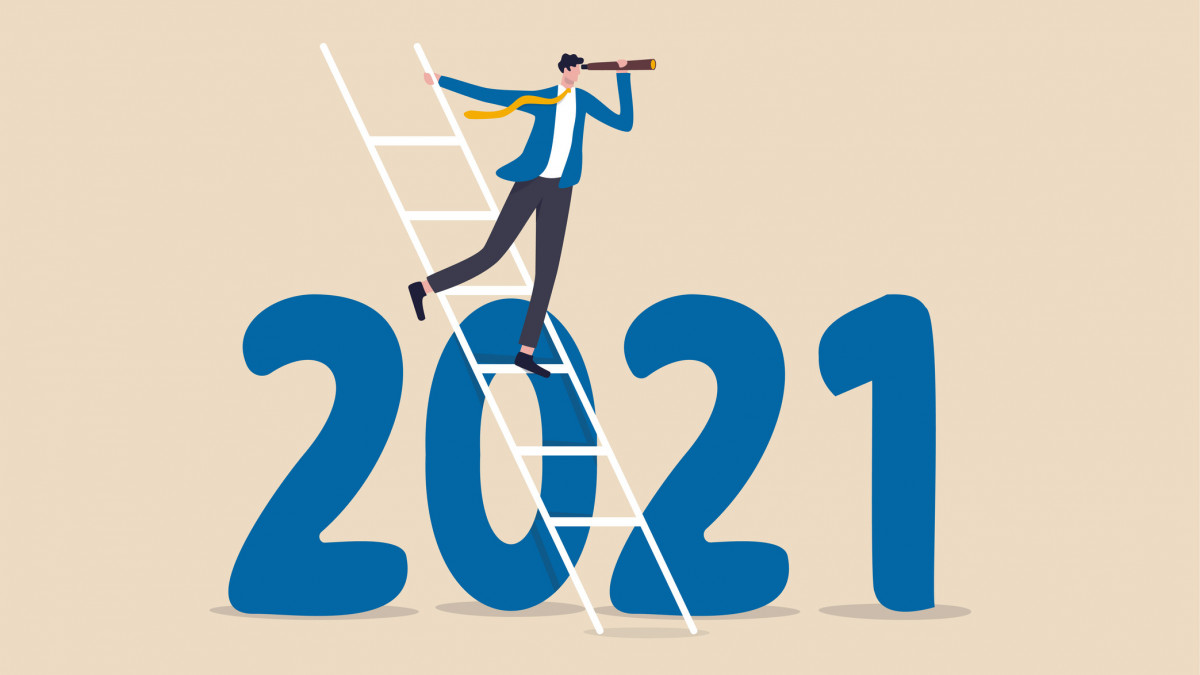 Year 2021 business outlook, vision to see the way forward, forecast, prediction and business success concept, businessman leader using telescope to see vision on top of ladder above year 2021 number.