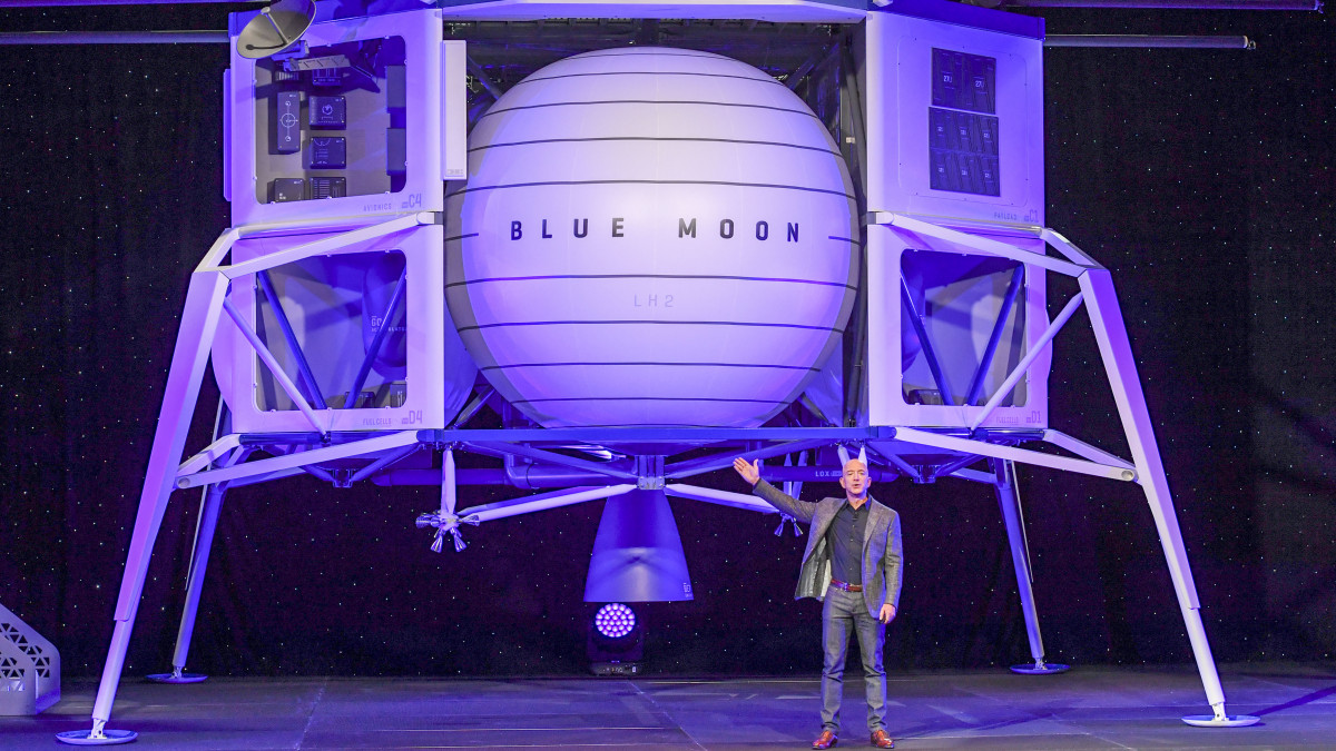 WASHINGTON, DC - MAY 9:  Jeff Bezos, founder of Amazon, Blue Origin and owner of The Washington Post via Getty Images,  introduces their newly developed lunar lander Blue Moon and gives an update on Blue Origin and the  progress and vision of going to space to benefit Earth at the Walter E. Washington Convention Center.(Photo by Jonathan Newton / The Washington Post via Getty Images)