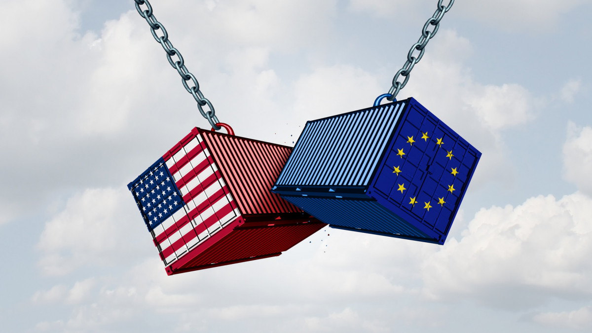 Europe USA trade war and American tariffs as two opposing cargo freight containers in European Union economic conflict as a dispute over import and exports as a 3D illustration.
