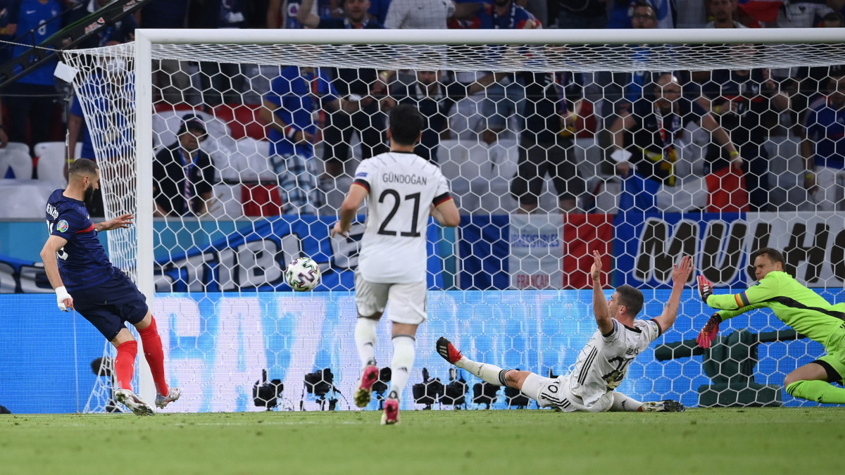 MUNICH, GERMANY - JUNE 15: Karim Benzema of France scores a goal past Manuel Neuer of Germany that is later disallowed by VAR for offside during the UEFA Euro 2020 Championship Group F match between France and Germany at Football Arena Munich on June 15, 2021 in Munich, Germany. (Photo by Matthias Hangst/Getty Images)