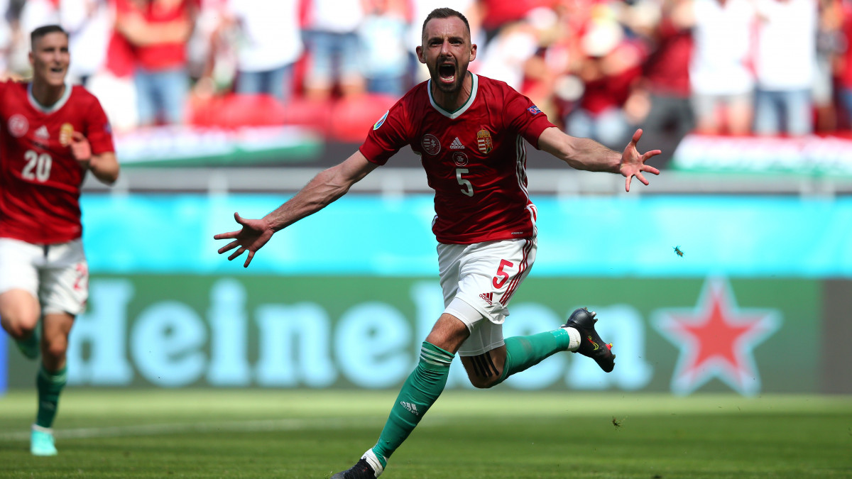 BUDAPEST, HUNGARY - JUNE 19: Attila Fiola of Hungary celebrates after scoring their sides first goal during the UEFA Euro 2020 Championship Group F match between Hungary and France at Puskas Arena on June 19, 2021 in Budapest, Hungary. (Photo by Alex Livesey - UEFA/UEFA via Getty Images)