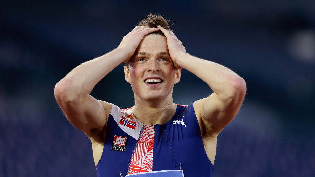 ROME, ITALY - SEPTEMBER 17:  Karsten Warholm of Norway reacts after winning the 400m hurdles men during the IAAF Diamond League 40th golden gala Pietro Mennea at Olimpico Stadium on September 17, 2020 in Rome, Italy.  (Photo by Paolo Bruno/Getty Images)