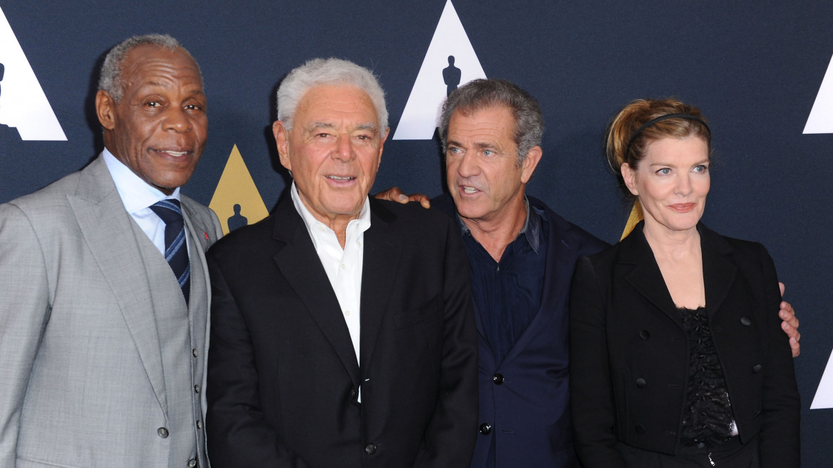 BEVERLY HILLS, CA - JUNE 07:  (L-R) Danny Glover, Richard Donner, Mel Gibson and Rene Russo arrive at The Academy Celebrates Filmmaker Richard Donner at Samuel Goldwyn Theater on June 7, 2017 in Beverly Hills, California.  (Photo by Joshua Blanchard/Getty Images)