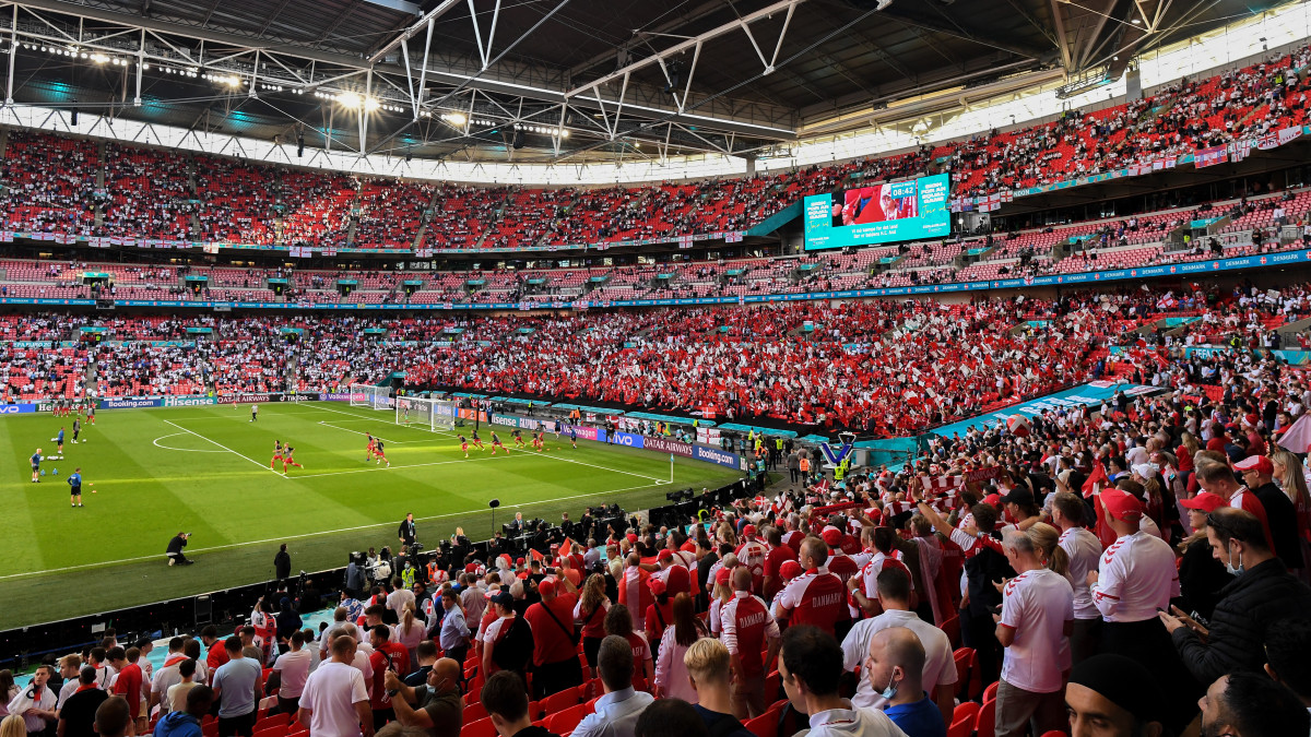LONDON, ENGLAND - JULY 07: A general view inside the stadium as players of Denmark warm up prior to the UEFA Euro 2020 Championship Semi-final match between England and Denmark at Wembley Stadium on July 07, 2021 in London, England. (Photo by Justin Tallis - Pool/Getty Images)