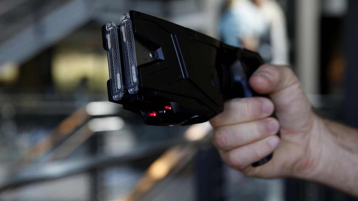 The Taser X2 electronic weapon is displayed for a photograph at the Taser International Inc. manufacturing facility in Scottsdale, Arizona, U.S., on Wednesday, April 22, 2015. Taser International Inc. is scheduled to release earnings figures on April 30. Photographer: Patrick T. Fallon/Bloomberg via Getty Images