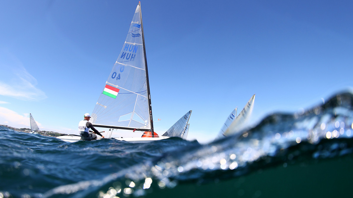 TOKYO, JAPAN - JULY 21:  Zsombor Berecz of Hungary sails his Finn Class Dinghy during a practice race ahead of the Tokyo 2020 Olympic Games on July 21, 2021 in Tokyo, Japan. (Photo by Clive Mason/Getty Images)