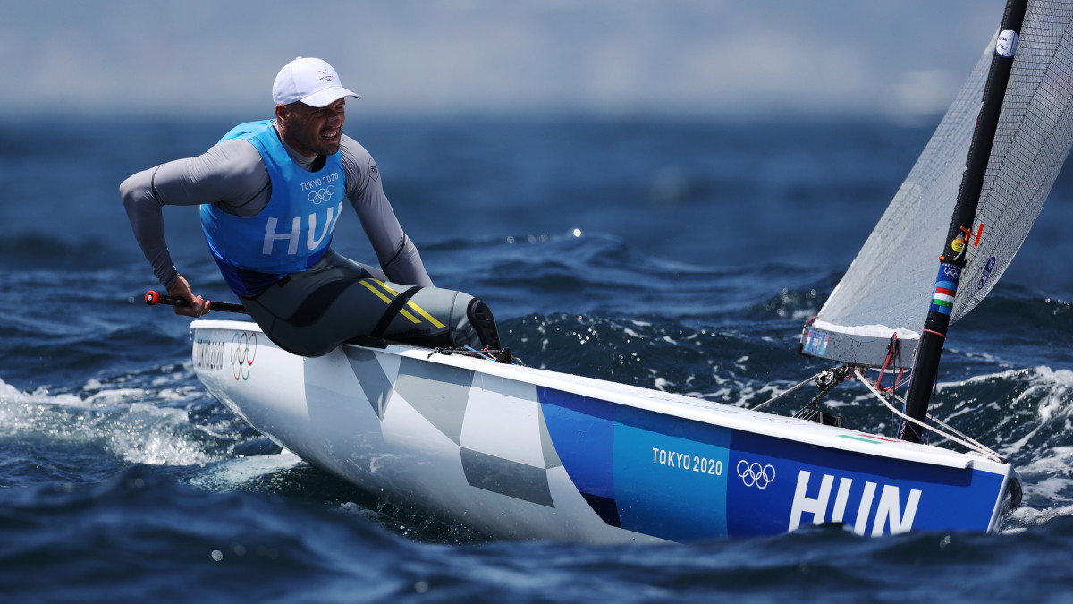 FUJISAWA, JAPAN - JULY 28: Zsombor Berecz of Team Hungarycompetes in the Mens Finn class on day five of the Tokyo 2020 Olympic Games at Enoshima Yacht Harbour on July 28, 2021 in Fujisawa, Kanagawa, Japan. (Photo by Clive Mason/Getty Images)