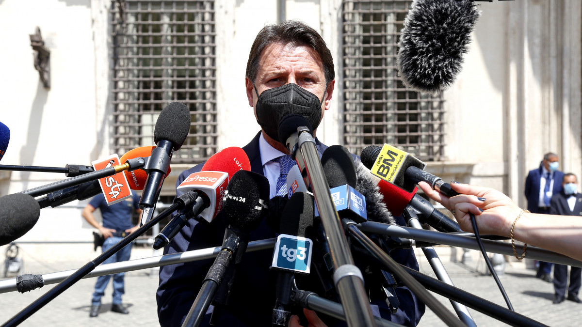 The former premier and Movement 5 Starss secretary Giuseppe Conte leaves Palazzo Chigi after a meeting with the current prime minister Mario Draghi on justice reform and speaks with the press. Rome (Italy), July 19th, 2021 (Photo by Samantha Zucchi/Insidefoto/Mondadori Portfolio via Getty Images)