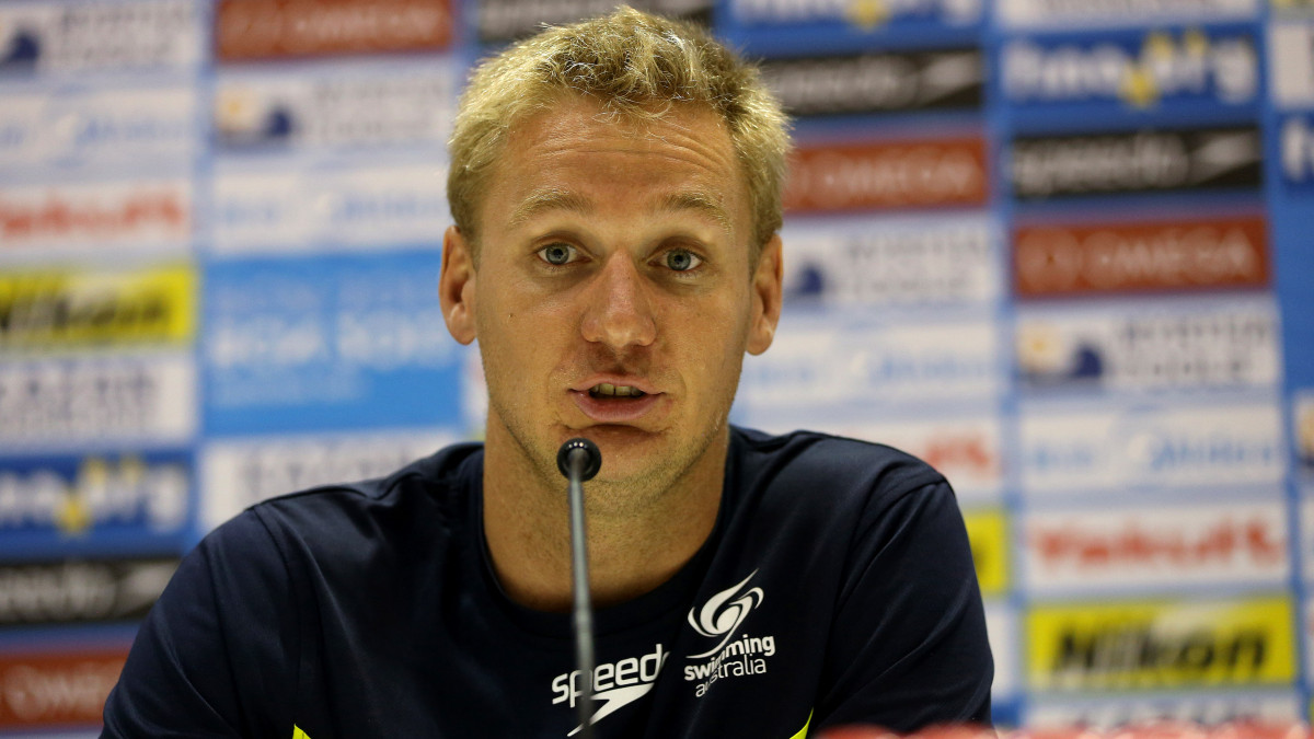 BARCELONA, SPAIN - JULY 26:  Brenton Rickard of Australia Swim Team talks during the official Team Australia Press Conference at the MPC at Palau Sant Jordi on day seven of the 15th FINA World Championships on July 26, 2013 in Barcelona, Spain. (Photo by Ian MacNicol/Getty Images)