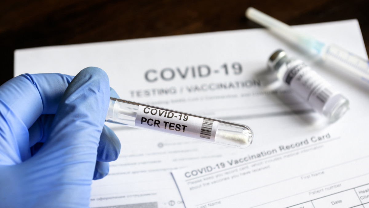 COVID-19 PCR test in doctor hand in clinic, coronavirus swab collection kit on medical forms and vaccine background. Concept of corona virus testing, vaccination and immunization during pandemic. (Fake barcode)