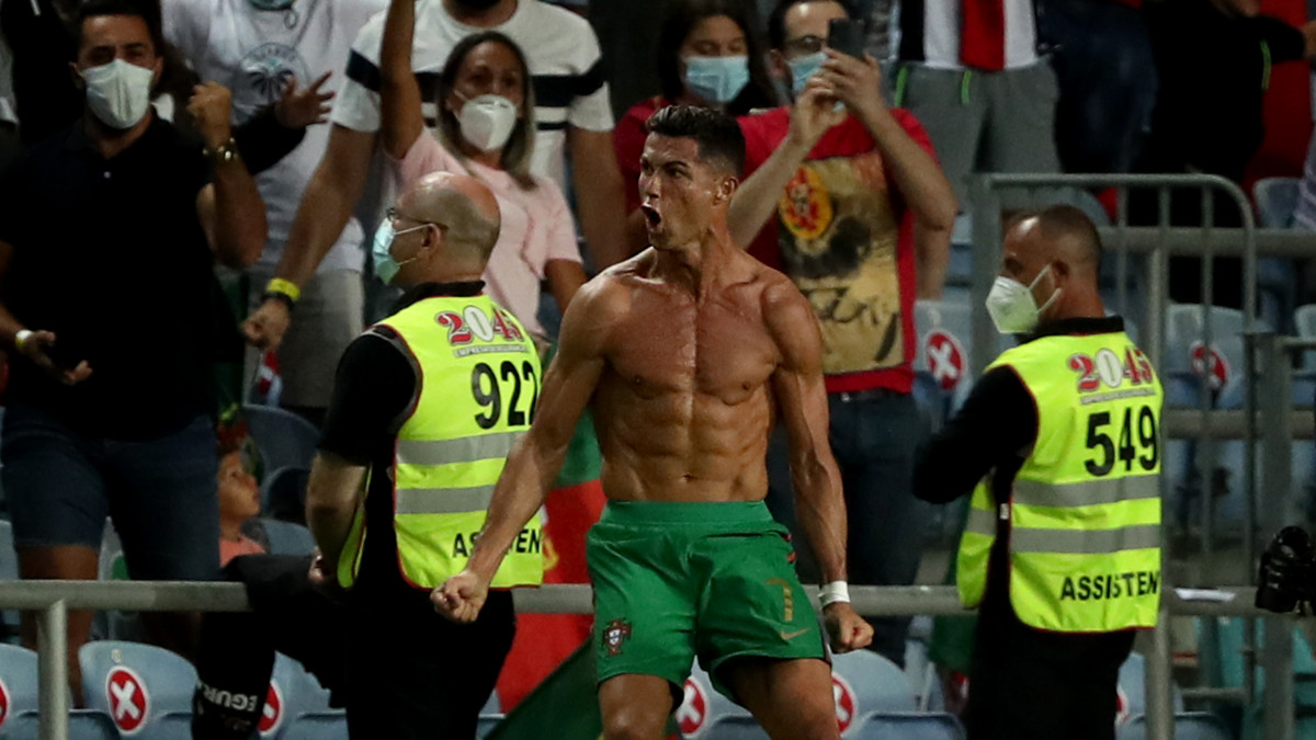 Portugals forward Cristiano Ronaldo celebrates after scoring his second goal during the FIFA World Cup 2022 European qualifying round group A football match between Portugal and Republic of Ireland, at the Algarve stadium in Faro, Portugal, on September 1, 2021. (Photo by Pedro FiĂşza/NurPhoto via Getty Images)