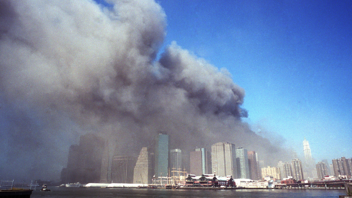 Neville Elders photographs of downtown Manhattan on 9/11/01 were published worldwide. ten years later he returned to the same places where he made those memorable pictures and photographed New York City as it is today.  Picture shows the Downtown Manhattan skyline (view from Brooklyn) as it was Septenber 11th 2001. (Photo by Neville Elder/Corbis via Getty Images)
