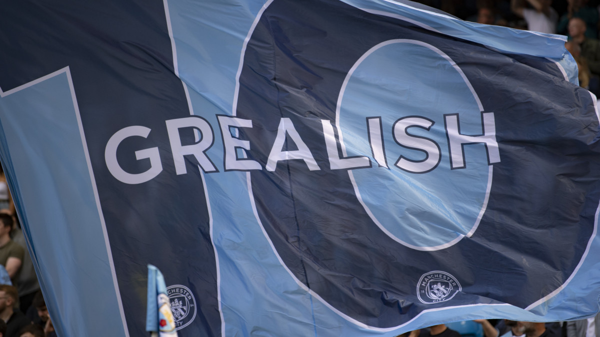 MANCHESTER, ENGLAND - AUGUST 28: A flag with Jack Grealish on it during the Premier League match between Manchester City  and  Arsenal at Etihad Stadium on August 28, 2021 in Manchester, England. (Photo by Visionhaus/Getty Images)