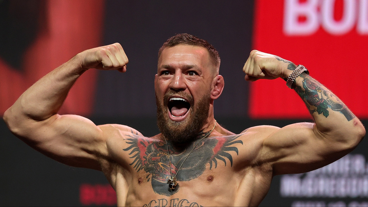 LAS VEGAS, NEVADA - JULY 09: Conor McGregor poses during a ceremonial weigh in for UFC 264 at T-Mobile Arena on July 09, 2021 in Las Vegas, Nevada. (Photo by Stacy Revere/Getty Images)