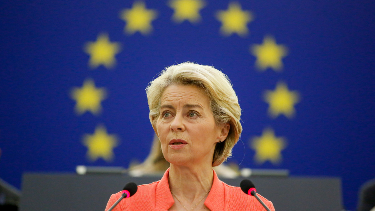 Ursula von der Leyen, president of the European Commission, delivers the State of Union 2021 address inside the Louise Weiss building, the principle seat of the European Parliament, in Strasbourg, France, on Wednesday, Sept. 15, 2021. During aÂ closed-door meeting with European lawmakers, von der Leyen said the speech is an opportunity to show the Commissions actions were rightÂ and pointed to what the EU has achieved on recovery plans, vaccinations and the digital Covid-19 pass, according toÂ officials present. Photographer: Valeria Mongelli/Bloomberg via Getty Images