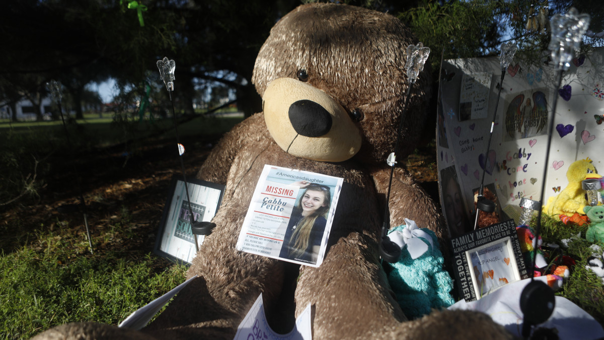 NORTH PORT, FL - SEPTEMBER 20: A makeshift memorial dedicated to missing woman Gabby Petito is located near City Hall on September 20, 2021 in North Port, Florida. A body has been found by authorities in Grand Teton National Park in Wyoming that fits the description of Petito, who went missing while on a cross-country trip with her boyfriend Brian Laundrie.  (Photo by Octavio Jones/Getty Images)