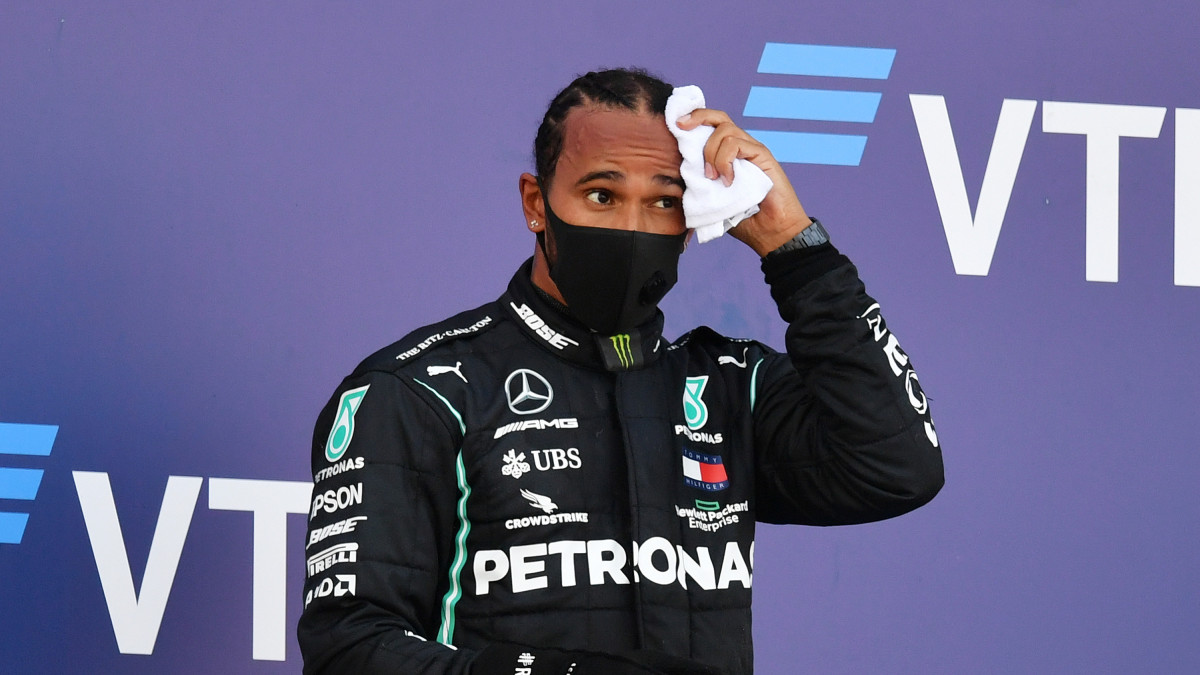  Third placed Lewis Hamilton of Great Britain and Mercedes GP reacts on the podium during the F1 Grand Prix of Russia at Sochi Autodrom on September 27, 2020 in Sochi, Russia. (Photo by Dan Mullan/Getty Images)