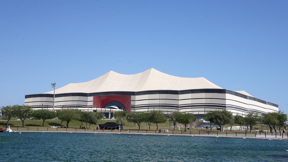 DOHA, QATAR - FEBRUARY 06: General view of the outside of the Al Bayt Stadium, situated in the Northern City of Al Khor which is set to become one of the Stadiums used for the 2022 World CUp ahead of the FIFA Club World Cup Qatar 2020 on February 06, 2021 in Doha, Qatar. (Photo by Mohamed Farag - FIFA/FIFA via Getty Images)