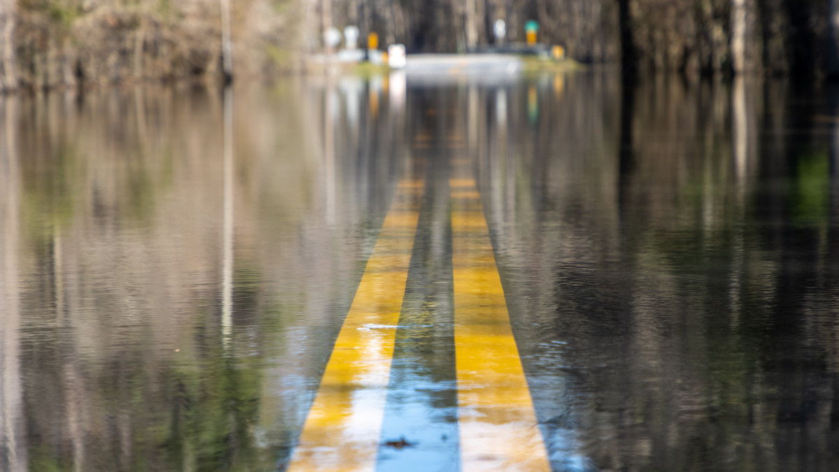 A road is unpassable to cars after a nearby river overtopped its banks after days of rain, flooding it. South Carolina.