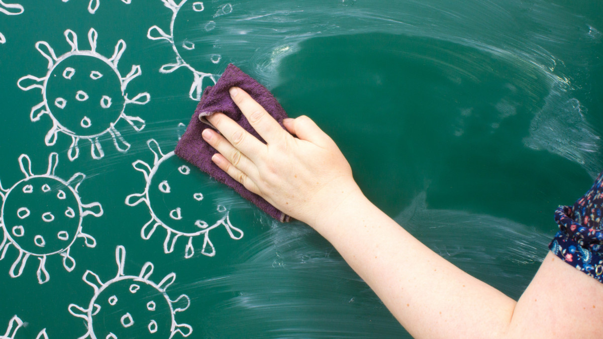 A chalk drawing on a green blackboard - close-up of coronavirus molecules and hand washing with a rag copy space. Concept-back to school and stop coronavirus