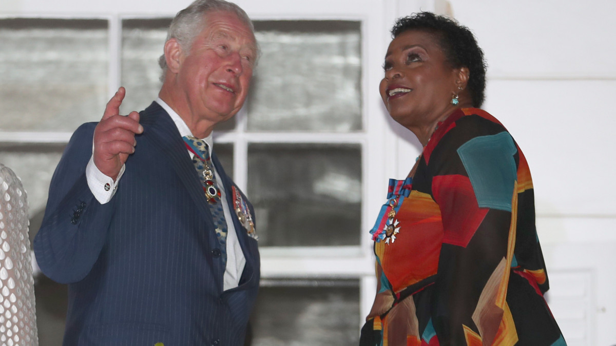 The Prince of Wales and Governor-General of Barbados, Her Excellency Dame Sandra Mason, attend a reception at the Prime Ministers Residence, Ilaro Court, in Bridgetown, Barbados, as they continue their tour of the Caribbean. (Photo by Jane Barlow/PA Images via Getty Images)
