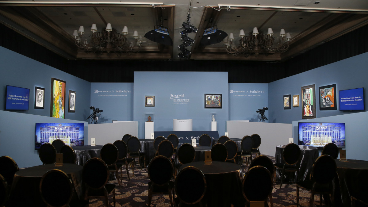 LAS VEGAS, NEVADA - OCTOBER 23: A view of the set displaying 11 works by Pablo Picasso before the Sothebys Picasso: Masterworks From The MGM Resorts Fine Art Collection auction at Bellagio Resort & Casino on October 23, 2021 in Las Vegas, Nevada. (Photo by Gabe Ginsberg/Getty Images)