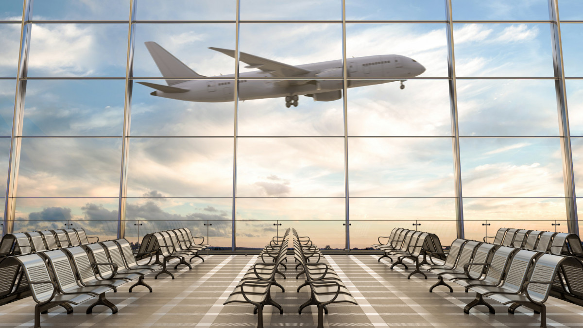 Empty airport terminal lounge with airplane on background. 3d illustration