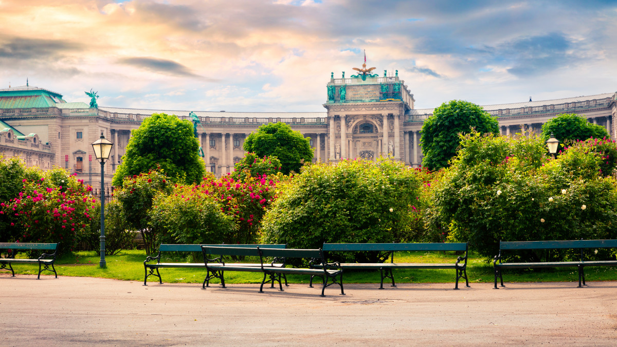 Splendid morning view of  Volksgarten with Hofburg Imperial Palace. Sunny spring cityscape in Vienna, capital of Austria, Europe. Artistic style post processed photo.