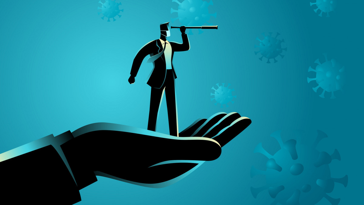 Giant hand lifting up a businessman using telescope with covid-19 viruses on the background. Covid-19 impacts to business, business vector illustration series