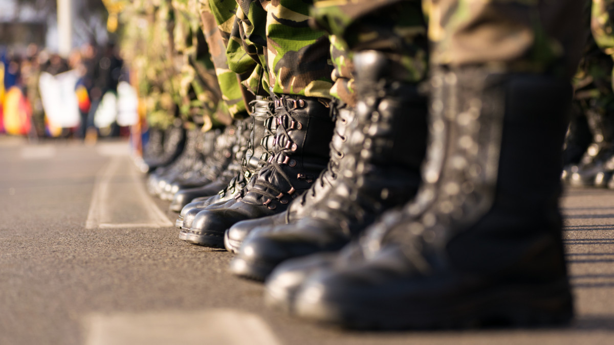 Army boots close up in line on parade day
