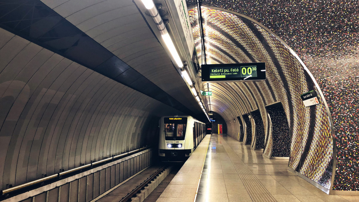New metro line with the arriving subway to a modern and futuristic railway station in the heart of Budapest, Hungary