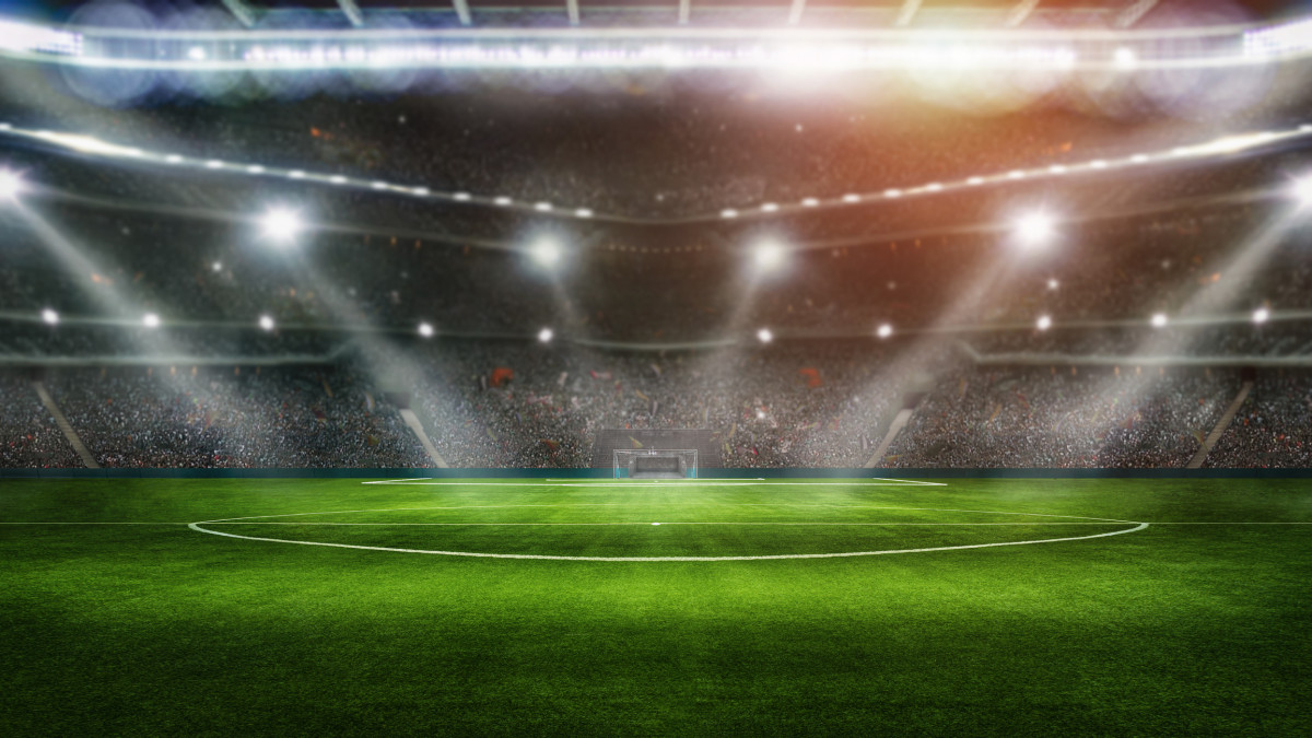 sport background - green field in soccer stadium. ready for game in the midfield, 3D Illustration - Not a real stadium - a composition of several graphic elements.