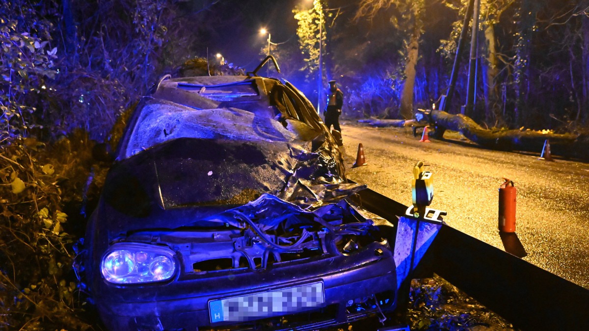 Összeroncsolódott személyautó a II. kerületi Nagykovácsi úton 2021. november 26-án, miután a járműre rádőlt egy nagyméretű fa. A balesetben egy ember súlyosan megsérült.