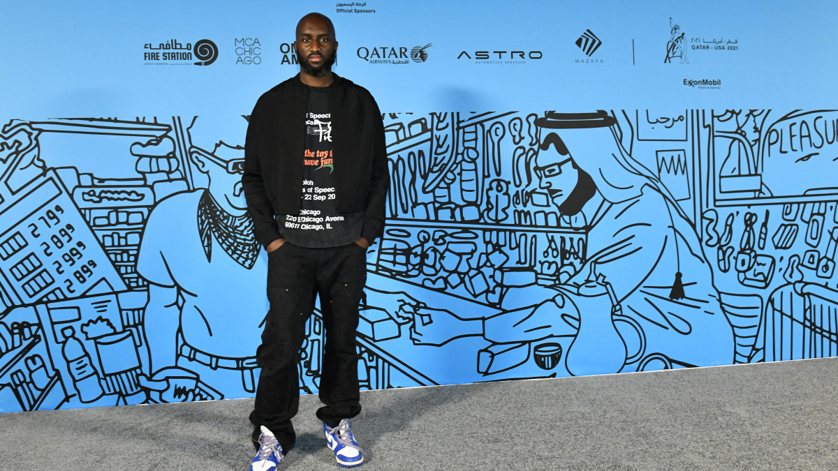 DOHA, QATAR - NOVEMBER 04: Virgil Abloh attends the opening of his exhibition âFigures of Speechâ on November 4, 2021 at the Fire Station in Doha, Qatar. The exhibition opens as part of #QatarCreates, a cultural celebration connecting the fields of art, fashion, and design through a diverse program of exhibitions, awards, public talks, and special events, all taking place in the heart of Doha. (Photo by Craig Barritt/Getty Images for Qatar Museums )