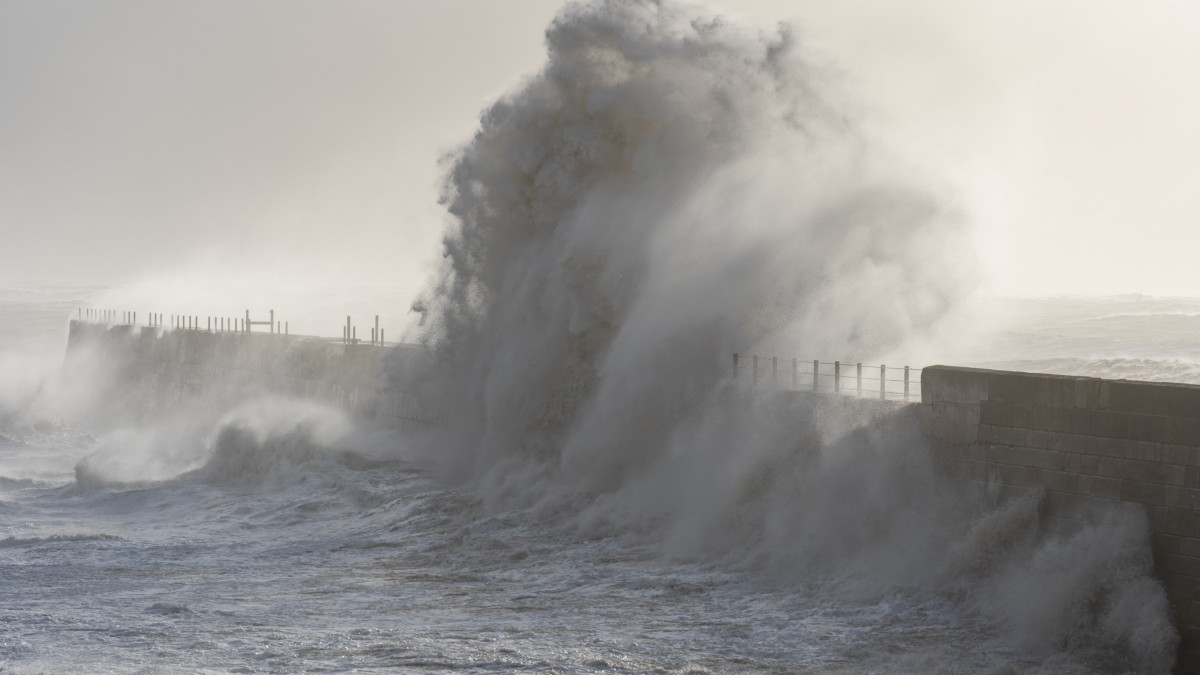 HARTLEPOOL, UNITED KINGDOM - 2021/11/27: Stormy seas at the breakwater on the Headland, Hartlepool, County Durham as Storm Arwen batters the north east coast. (Photo by Jason Brown/SOPA Images/LightRocket via Getty Images)