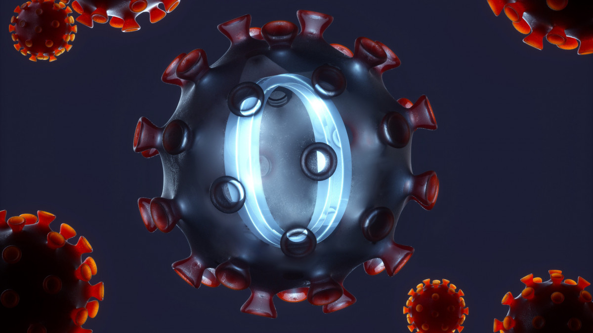 Digital generated image of semi transparent red COVID-19 cell with blue glowing omicron sign inside. Covid 19 omicron variant concept.