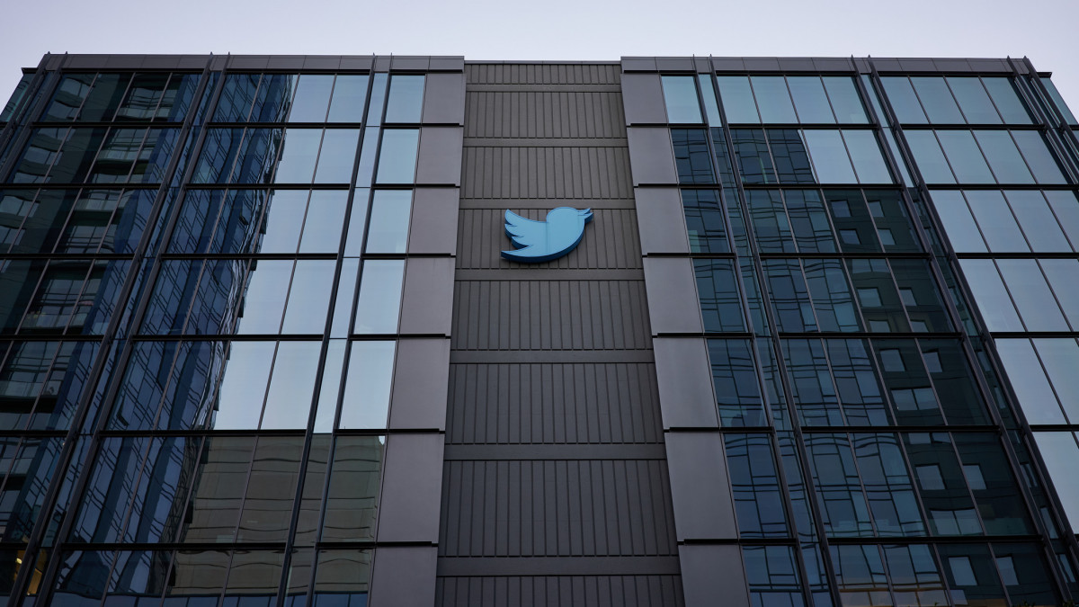 San Francisco, CA, USA - Feb 9, 2020: American microblogging and social networking service company Twitters Headquarters in San Francisco, California, in the evening.