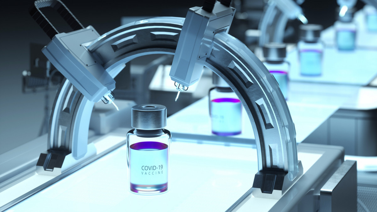 Digital generated image of COVID-19 vaccine bottles standing on glowing robotic production line.