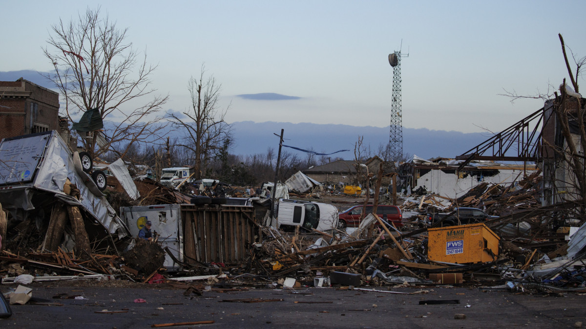 MAYFIELD, KY - DECEMBER 11:  Heavy damage is seen downtown after a tornado swept through the area on December 11, 2021 in Mayfield, Kentucky. Multiple tornadoes tore through parts of the lower Midwest late on Friday night leaving a large path of destruction and unknown fatalities.  (Photo by Brett Carlsen/Getty Images)