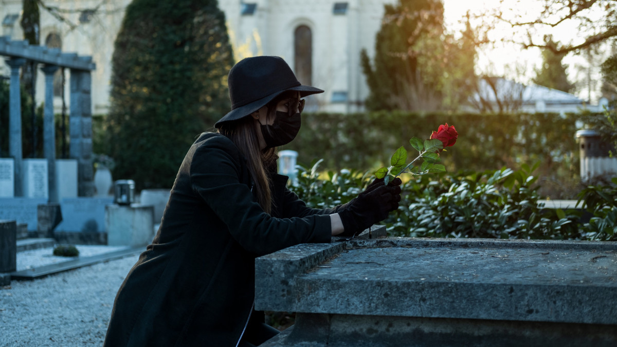 Woman wearing black dresses on cemetery