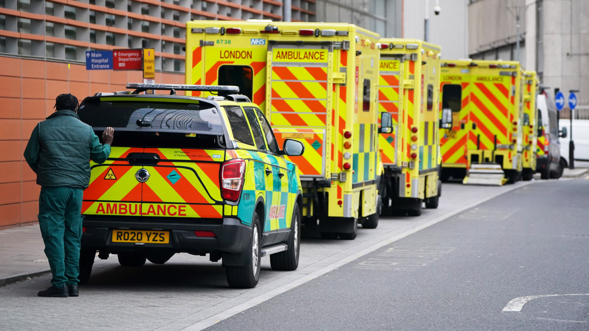 Ambulances outside the Royal London Hospital in Whitechapel, east London, as the government refused to rule out introducing further restrictions to slow the spread of the Omicron variant of coronavirus Picture date: Monday December 20, 2021. (Photo by Jonathan Brady/PA Images via Getty Images)