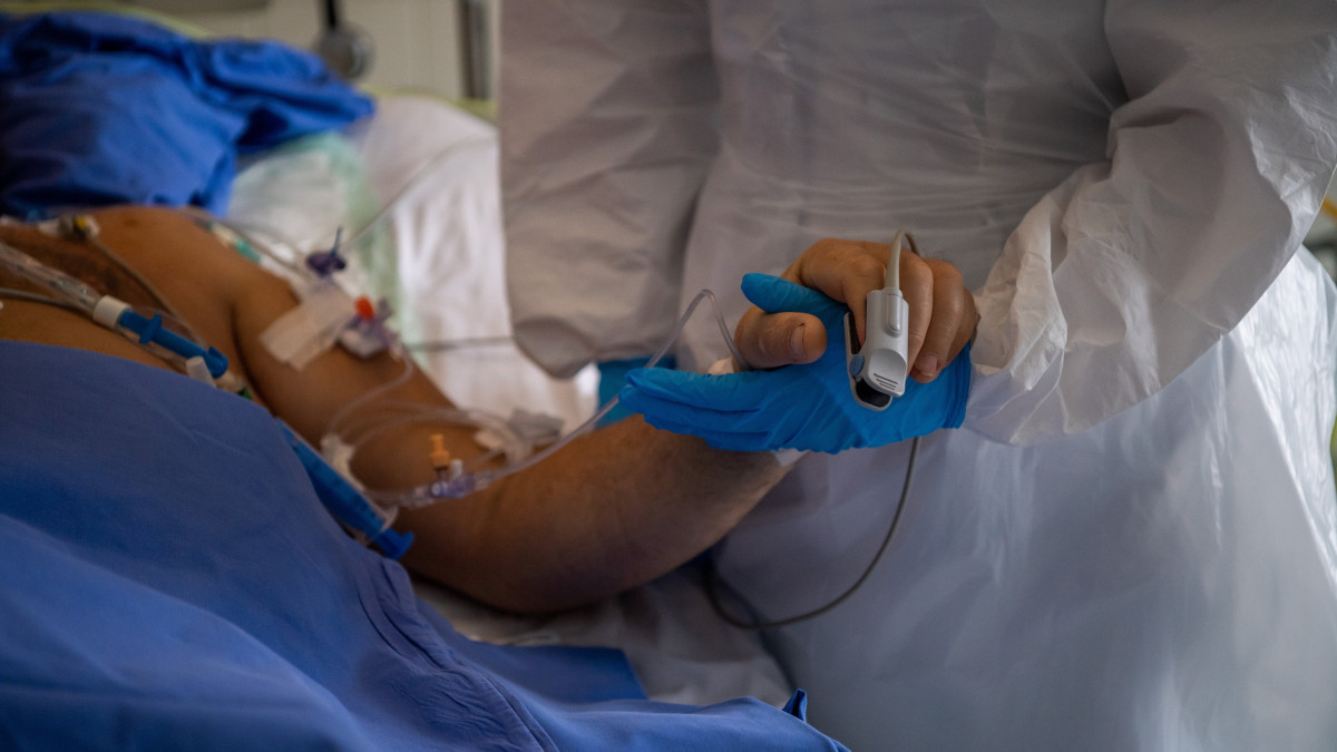 Védőfelszerelést viselő orvos megfogja egy beteg kezét a Magyar Honvédség Egészségügyi Központja, a Honvédkórház koronavírussal fertőzött betegek ellátására kialakított intenzív osztályán 2021. december 15-én.