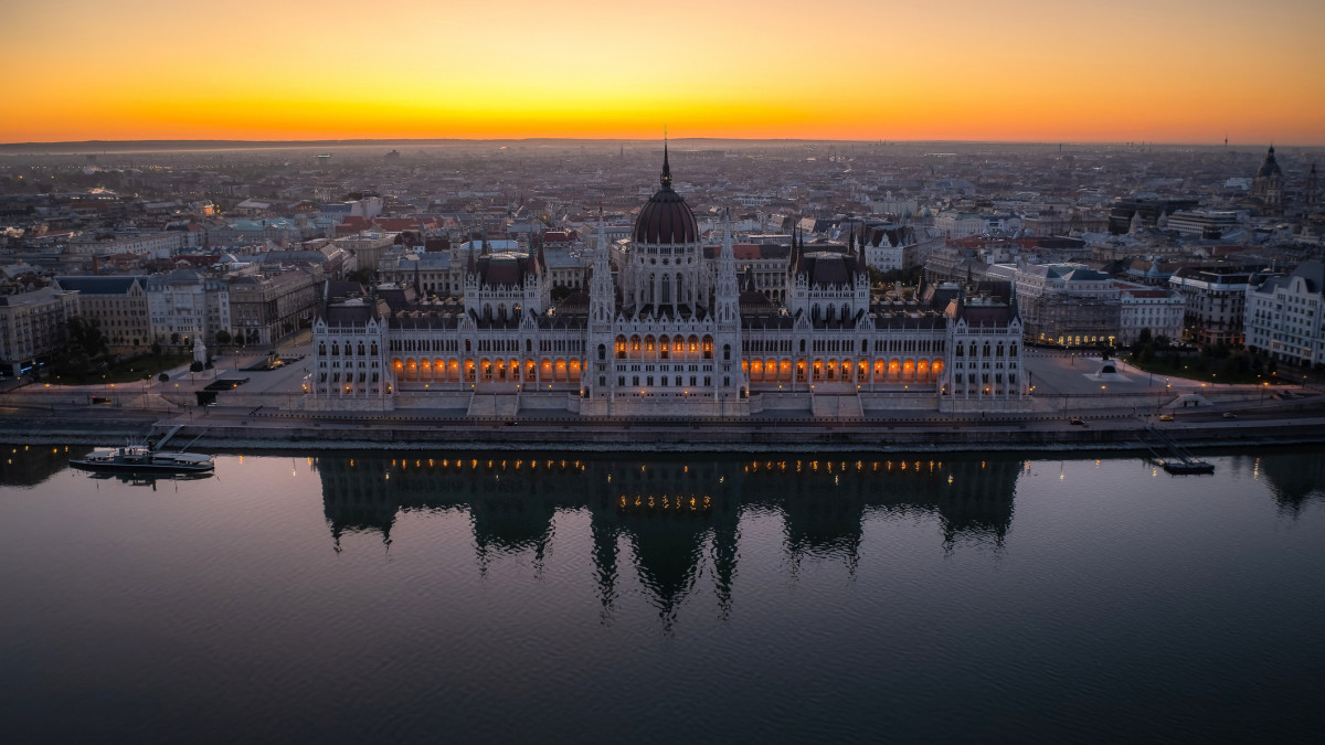 Aerial view Sunrise Scene of Budapest with Hungarian parliament building in Hungary