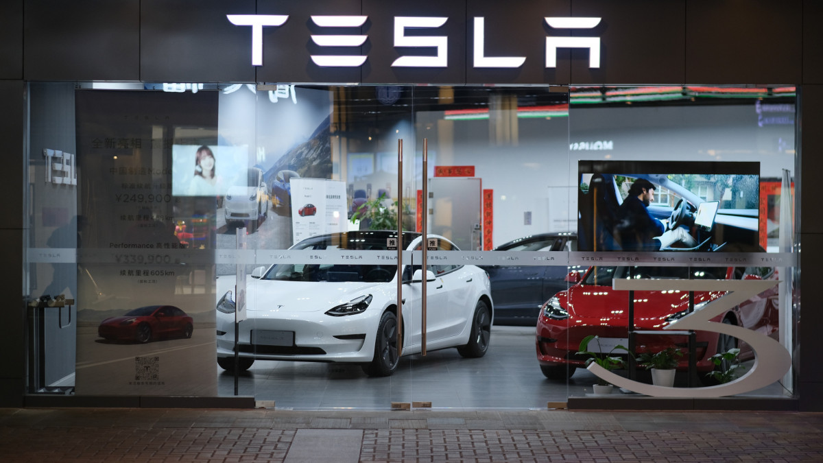 Shanghai.China-Feb.2021: facade of Tesla store at night. American electric car brand