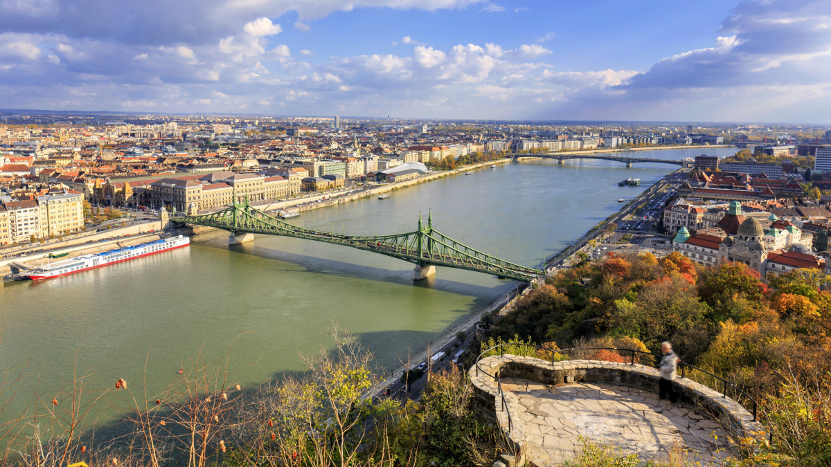 Skyline of Budapest with Liberty Bridge and Gellert Hill at day