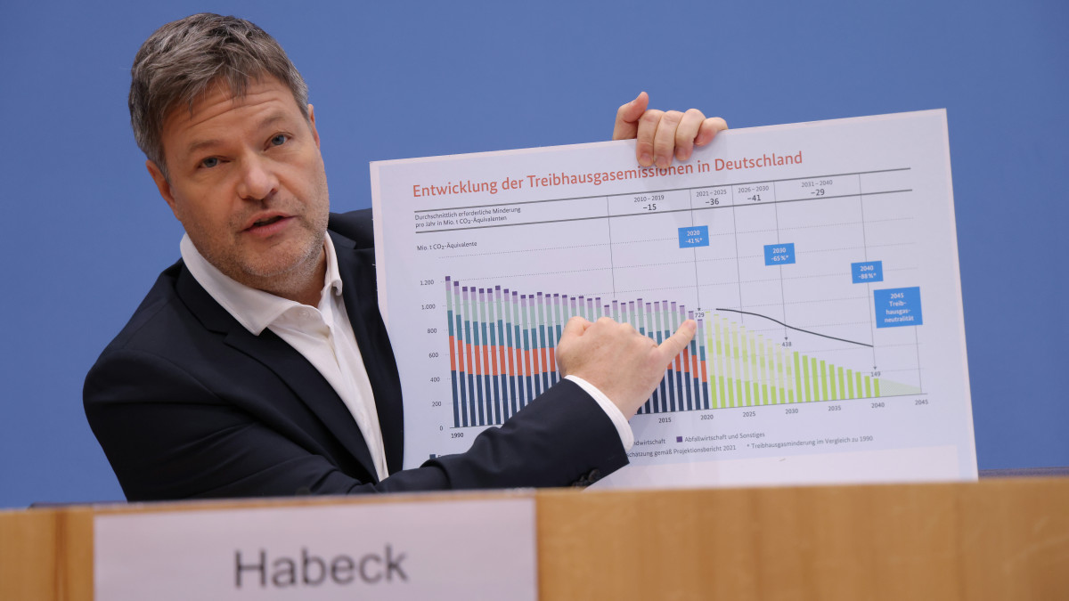 BERLIN, GERMANY - JANUARY 11: Economy and Climate Minister Robert Habeck points to a graph showing Germanys past and projected greenhouse gas emissions as he outlined the federal governments accelerated plan for reaching national climate goals on January 11, 2022 in Berlin, Germany. The new federal coalition government of Social Democrats (SPD), Greens and Free Democrats (FDP) says current shortcomings in climate policies will mean that Germany will likely not attain its short-term climate goals and that an accelerated approach is necessary.  (Photo by Sean Gallup/Getty Images)